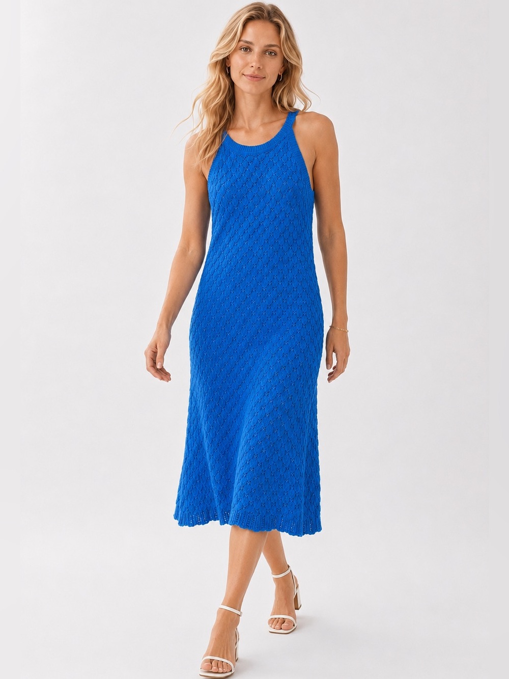 ELIZA J Crochet Knit Midi Dress XL Blue Cotton Scalloped Cruise Resort Wedding